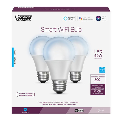 Feit Electric - OM60/950CA/AG/3 - A19 E26 (Medium) LED Smart WiFi Bulb Daylight 60 W 3 pk