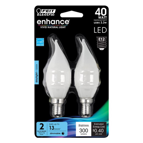 Feit Electric - BPCFF40950CAFL2 - Enhance Flame Tip E12 (Candelabra) Filament LED Bulb Daylight 40 W 2 pk