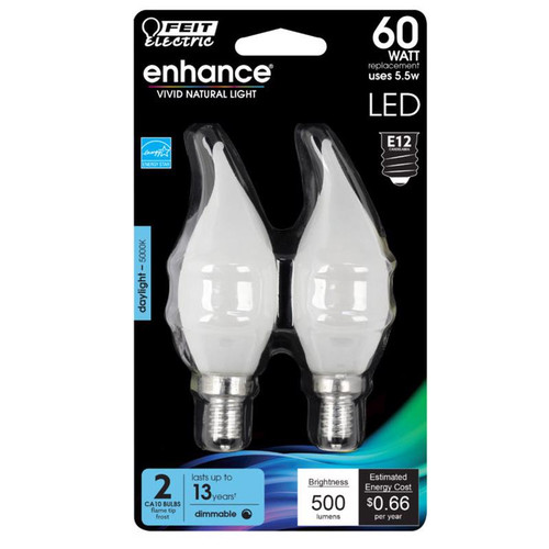 Feit Electric - BPCFF60950CAFL2 - Enhance Flame Tip E12 (Candelabra) Filament LED Bulb Daylight 60 W 2 pk
