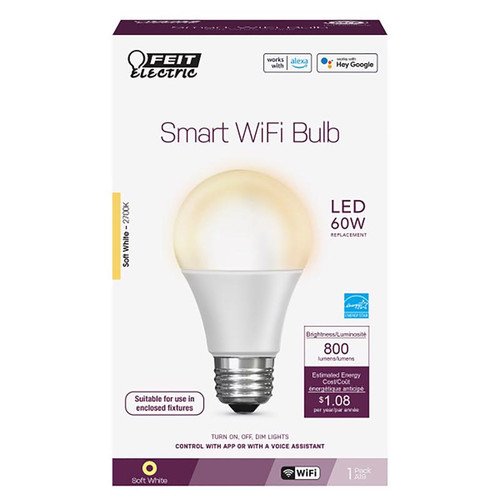 Feit Electric - OM60/927CA/AG - A19 E26 (Medium) Smart WiFi LED Bulb Soft White 60 W 1 pk