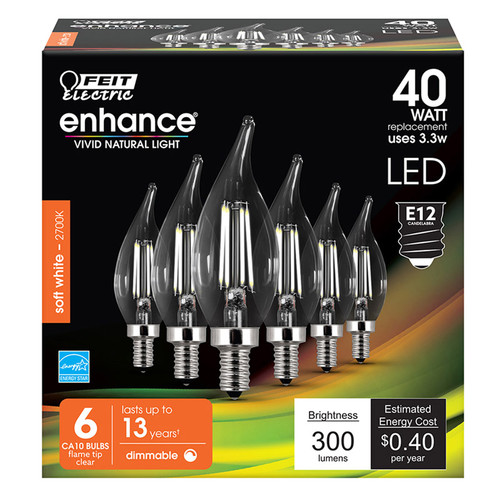 Feit Electric - CFC40927CAFIL6 - Enhance CA10 E12 (Candelabra) Filament LED Bulb Soft White 40 W 6 pk