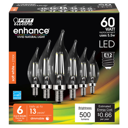 Feit Electric - CFC60927CAFIL6 - Enhance CA10 E12 (Candelabra) Filament LED Bulb Soft White 60 W 6 pk