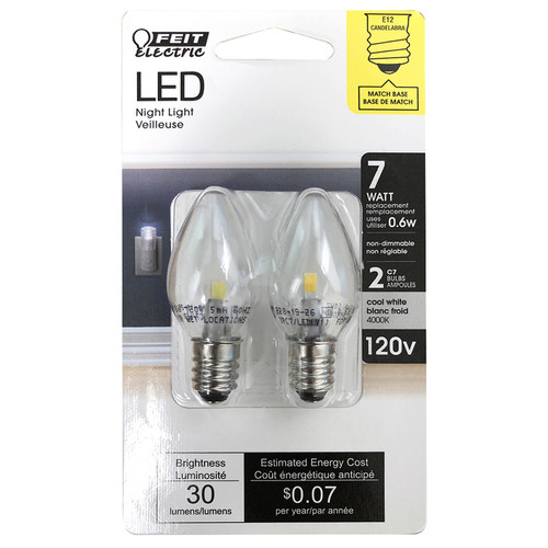 Feit Electric - BPC7/LED - C7 E12 (Candelabra) LED Bulb White 2 W 2 pk