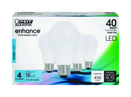 Feit Electric - OM40/950CA10K/4 - Enhance A19 E26 (Medium) LED Bulb Daylight 40 Watt Equivalence 4 pk