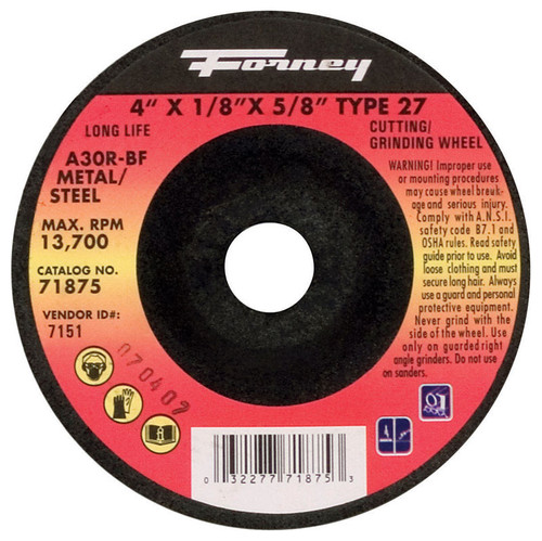 Forney - 71875 - 4 in. D X 1/8 in. thick T X 5/8 in. in. S Metal Grinding Wheel 1 pc