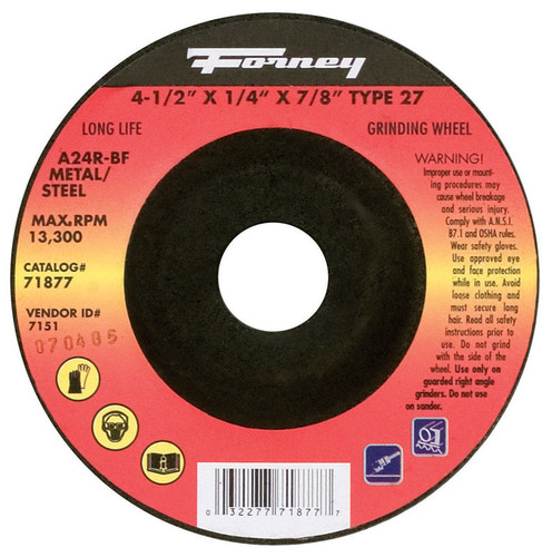 Forney - 71877 - 4-1/2 in. D X 1/4 in. thick T X 7/8 in. in. S Metal Grinding Wheel 1 pc