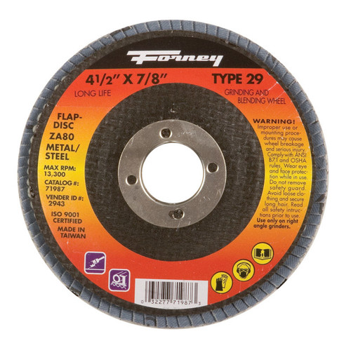 Forney - 71987 - 4-1/2 in. D X 7/8 in. S Zirconia Aluminum Oxide Flap Disc 80 Grit 1 pc