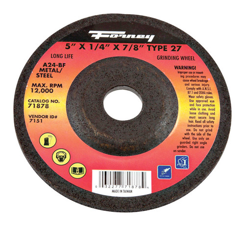 Forney - 71878 - 5 in. D X 1/4 in. thick T X 7/8 in. S Metal Grinding Wheel 1 pc