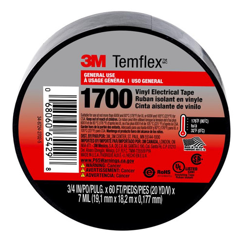3M - 1700-1PK-BB40 - Temflex 3/4 in. W X 60 ft. L Black Vinyl Electrical Tape