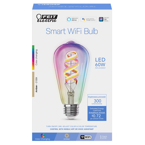 Feit Electric - ST2160RGBWIFIAG - ST21 E26 (Medium) LED Smart Bulb Amber 60 Watt Equivalence 1 pk