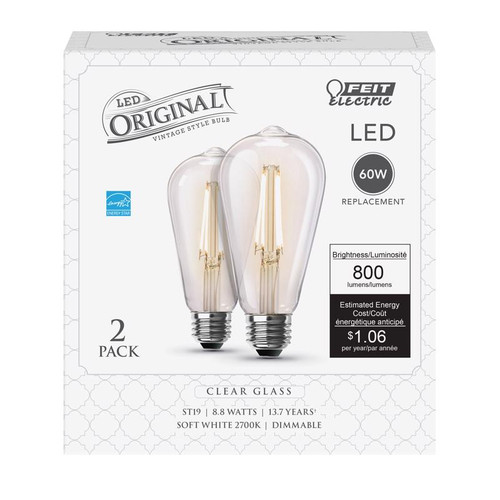 Feit Electric - ST1960/CL927CA2 - ST19 E26 (Medium) Filament LED Bulb Soft White 60 Watt Equivalence 2 pk