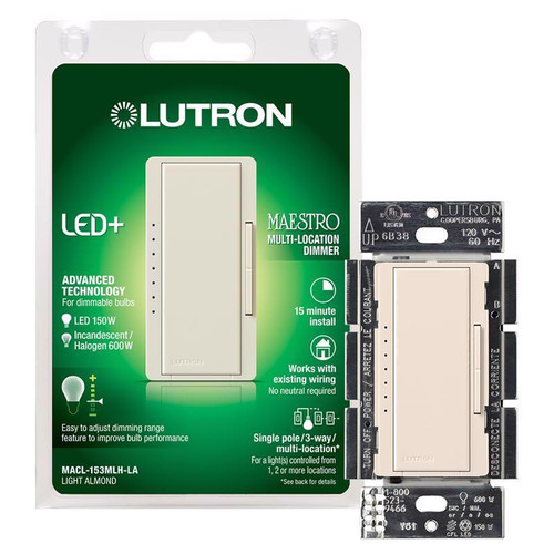 Lutron Maestro Light Almond 150 W 3-Way Dimmer Switch 1 pk - MACL-153MLH-LA -