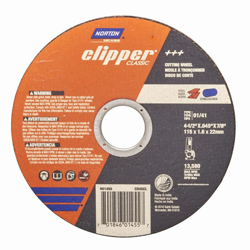 Norton - 70184601455 - Clipper 4-1/2 in. D X 7/8 in. Aluminum Oxide Classic Cut-Off Wheel 1 pk