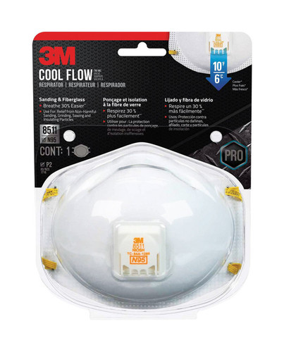 3M - 8511HA1-C-PS - Cool Flow N95 Sanding and Fiberglass Cup Disposable Respirator Pro-Series Valved White 1 pk