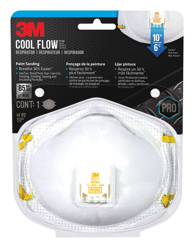 3M - 8511PA1-A-PS - N95 Paint Sanding Cup Disposable Respirator Pro-Series Valved White One Size Fits All 1 pc