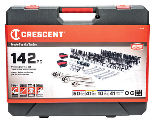 Crescent - CTK142C - 1/4, 3/8 and 1/2 in. drive Metric and SAE 6 and 12 Point Mechanic's Tool Set 142 pc