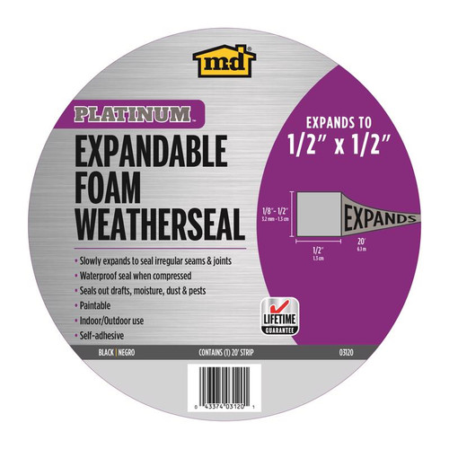 M-D - 3120 - Platinum Black Foam Waterproof Weatherseal For Multi-Purpose 20 ft. L X 0.5 in