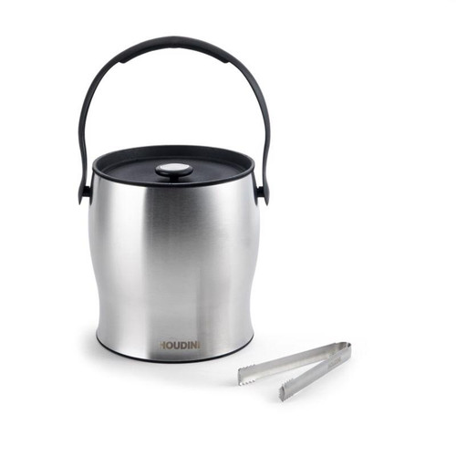 Houdini - 5280993 - 4 qt Black/Silver Stainless Steel Ice Bucket with Tongs