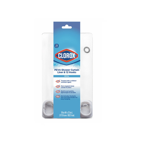 Clorox - MSI008333 - 70 in. H X 72 in. W White Shower Curtain W/Hooks PEVA