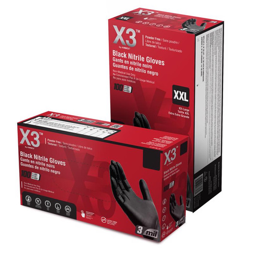 AMMEX - BX348100 - X3 Nitrile Disposable Gloves X-Large Black Powder Free 100 pk