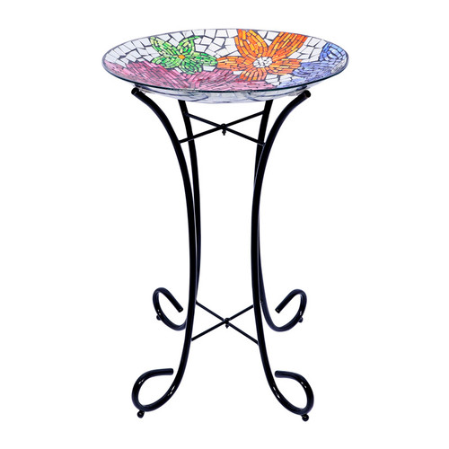 Alpine - HMD106A - Multicolored Glass/Metal 23 in. Floral Bird Bath with Stand