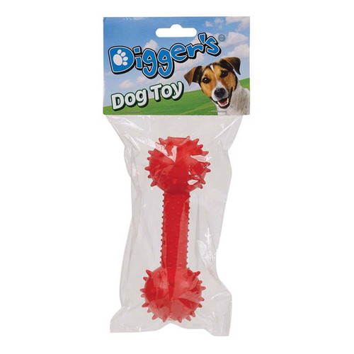 Boss Pet - ZD0259 83 - Digger's Red Rubber Spiked TPR Dumbbell w/Bell Dog Toy Medium 1 pk