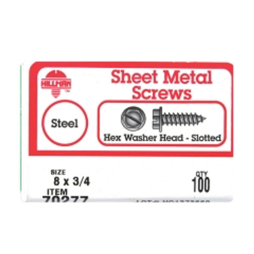 Hillman - 70277 - No. 8 x 3/4 in. L Slotted Hex Washer Head Zinc-Plated Steel Sheet Metal Screws 100 - 1/Pack