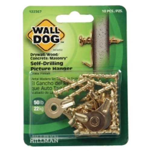 Hillman - 122367 - WALL DOG Brass-Plated Gold Self-Drilling Picture Hanger 50 lb. - 10/Pack