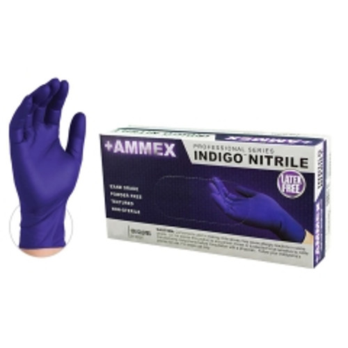 AMMEX - AINPF44100 - Indigo Nitrile Gloves, 4 mil, Latex Free, Powder Free, Textured, Disposable, Non-Sterile - Medium - 100/Pack