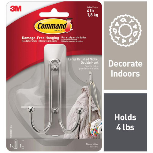 3M - 17036BN-ES - Command 2 in. L Brushed Nickel Metal Large Double Hook 4 lb. capacity - 1/Pack