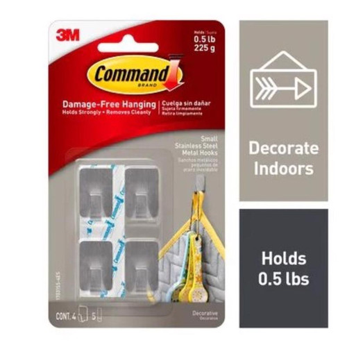 3M - 17031SS-4ES - Command Stainless Steel Metal Small Hook 0.5 lb. capacity - 4/Pack