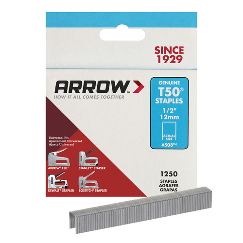 Arrow Fastener - 50824 - T50 3/8 in. W x 1/2 in. L 18 Ga. Flat Crown Heavy Duty Staples 1250/Pack