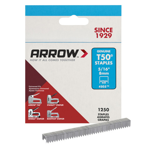 Arrow Fastener - 50524 - T50 3/8 in. W x 5/16 in. L 18 Ga. Flat Crown Heavy Duty Staples 1250/Pack