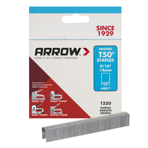 Arrow Fastener - 50924 - T50 3/8 in. W x 9/16 in. L 18 Ga. Flat Crown Heavy Duty Staples 1250/Pack