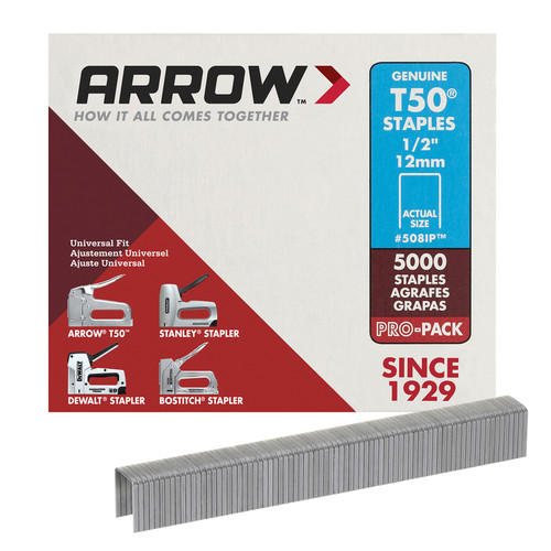 Arrow Fastener - 508IP - T50 3/8 in. W x 1/2 in. L 18 Ga. Flat Crown Heavy Duty Staples - 5000/Pack