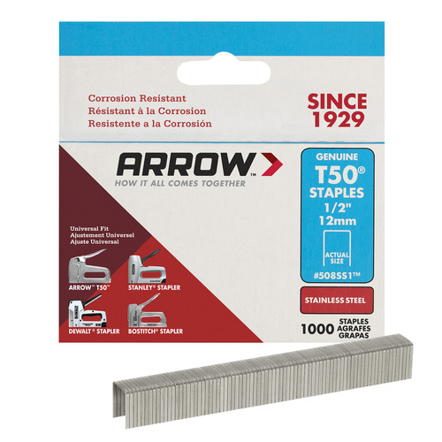 Arrow Fastener - 508SS1 - T50 3/8 in. W x 1/2 in. L 18 Ga. Flat Crown Heavy Duty Staples - 1000/Pack