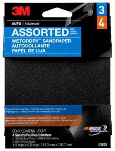 3M - 03025 - Wetordry Sandpaper, 4-1/2 in x 5-1/2 in, Grade 220, 400, 800, 4 sheets per pack