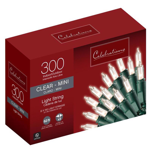 Celebrations - 48150-71 - Incandescent Mini Clear/Warm White 300 count String Christmas Lights 62 ft.