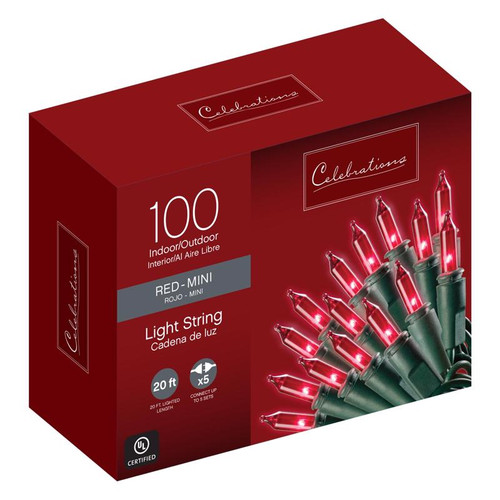 Celebrations - 4003-71 - Incandescent Mini Red 100 count String Christmas Lights 20 ft.