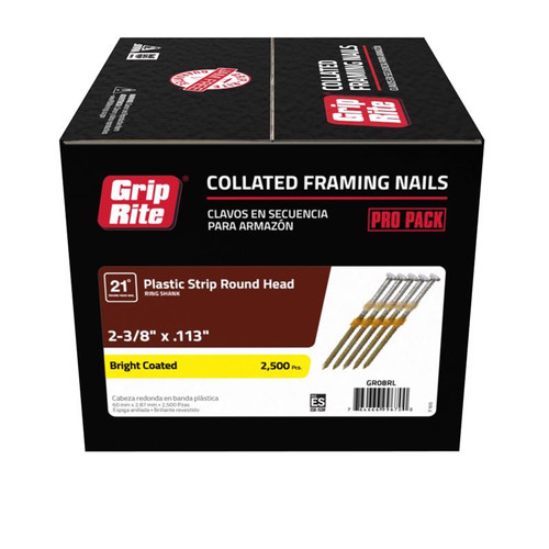 Grip-Rite - GR08RL - 2-3/8 in. 12 Ga. Angled Strip Framing Nails 21 deg. Ring Shank - 2500/Pack