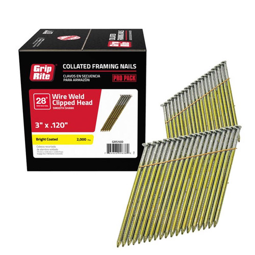 Grip-Rite - GRS10D - 3 in. 11 Ga. Angled Strip Framing Nails 28 deg. Smooth Shank - 2000/Pack