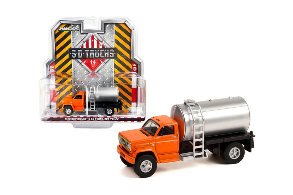 1982 Chevy C-60 Fertilizer Truck, Orange and Silver - Greenlight 45140A - 1/64 Diecast Replica