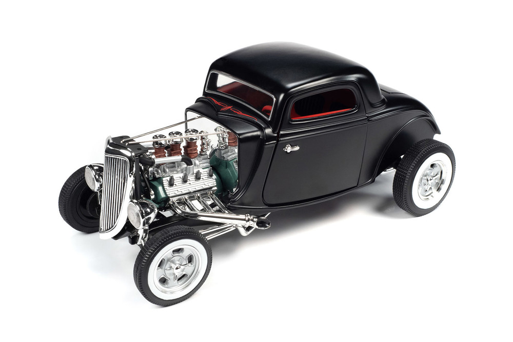 1934 Ford 3-Window Coupe "High Boy Hot Rod", Satin Black - Auto World AW292 - 1/18 Diecast Car