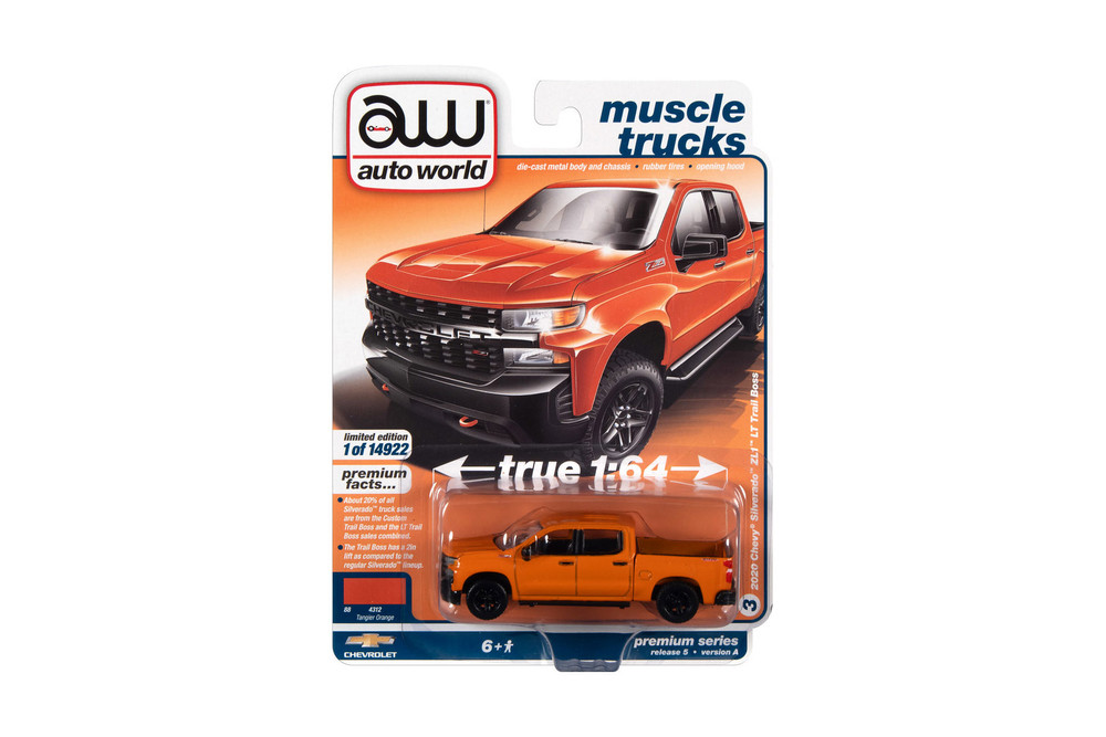 2020 Chevy Silverado ZL1 LT Trail Boss, Orange - Auto World AWSP089/24A - 1/64 scale Diecast Car
