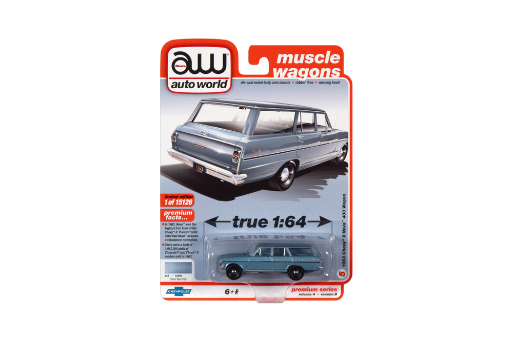 1963 Chevy II Nova 400 Wagon, Silver Blue Poly -  AWSP083/24B - 1/64 scale Diecast Model Toy Car