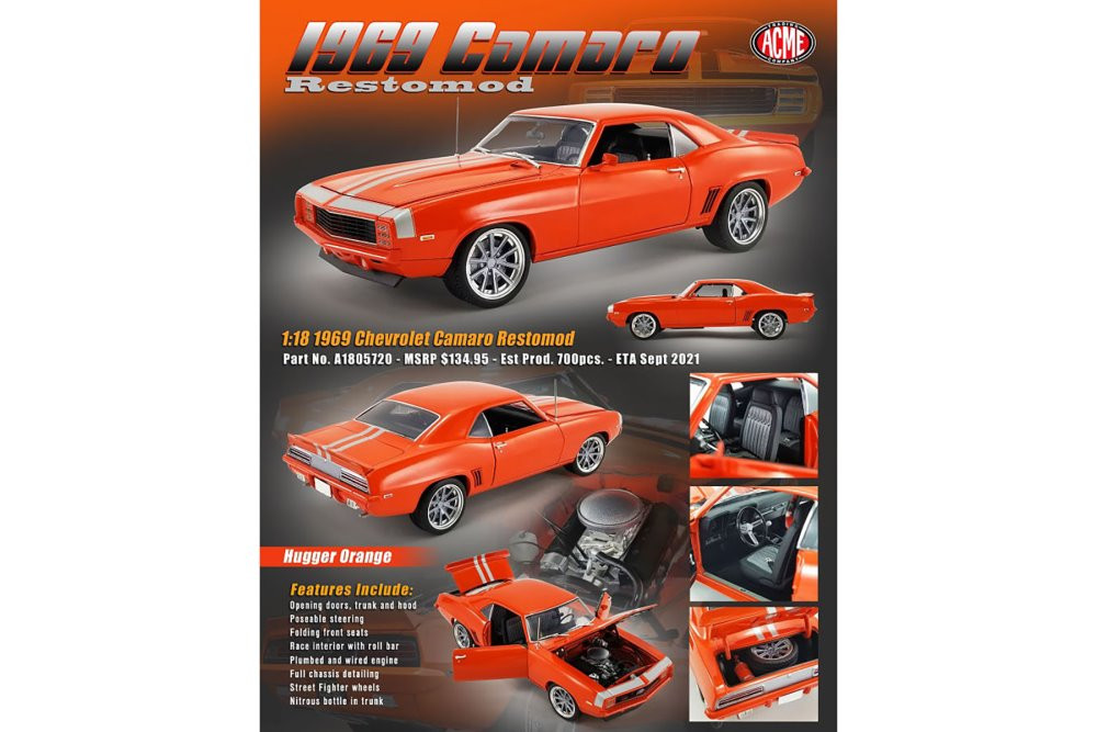 1969 Chevy Camaro Restomod, Hugger Orange - Acme A1805720 - 1/18 scale  Diecast Model Toy Car