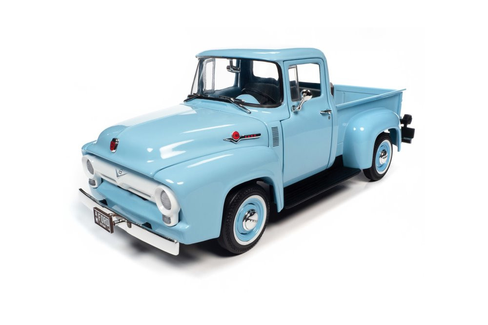1956 Ford F-100 Mild Custom Pickup Truck, Diamond Blue - Auto World 1/18 scale Diecast Car