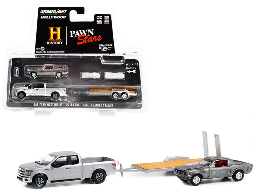 2015 Ford F-150 w/ 1968 Ford Mustang GT & Trailer, Pawn Stars - Greenlight - 1/64 scale Diecast Car