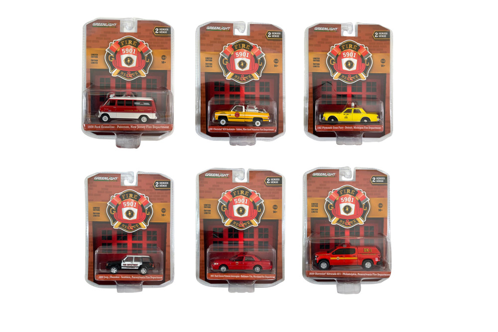 Greenlight Fire & Rescue Series 2 Diecast Car Set - Box of 6 assorted 1/64 Scale Diecast Model Cars