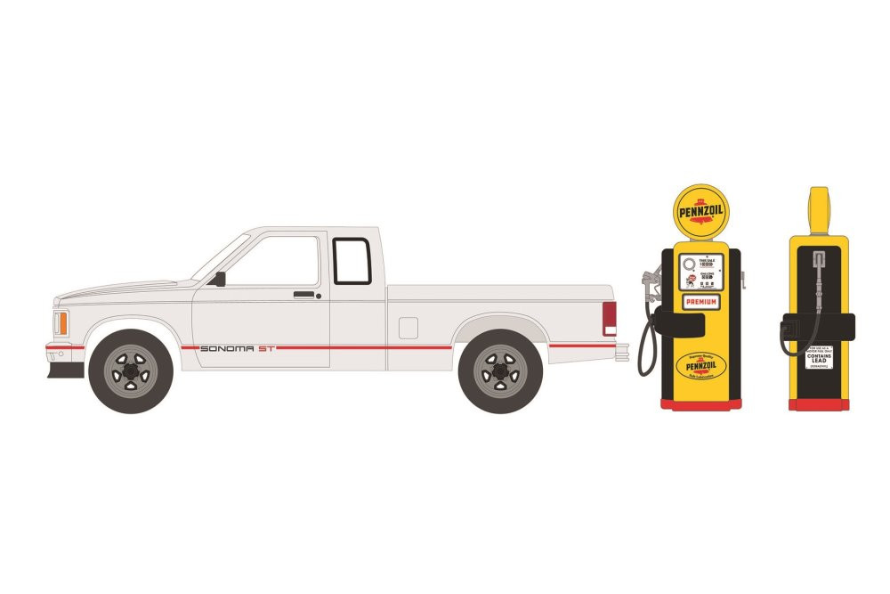 1991 GMC Sonoma ST Pickup Truck & Pennzoil Gas Pump, Greenlight 97120D/48 - 1/64 scale Diecast Car